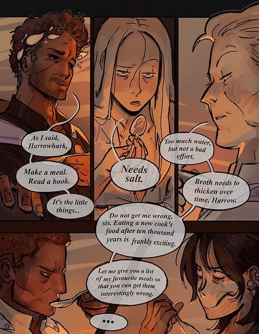 Part of a comic strip, with lines from chapter 25 of Harrow the Ninth Part of a comic strip, with lines from chapter 25 of Harrow the Ninth