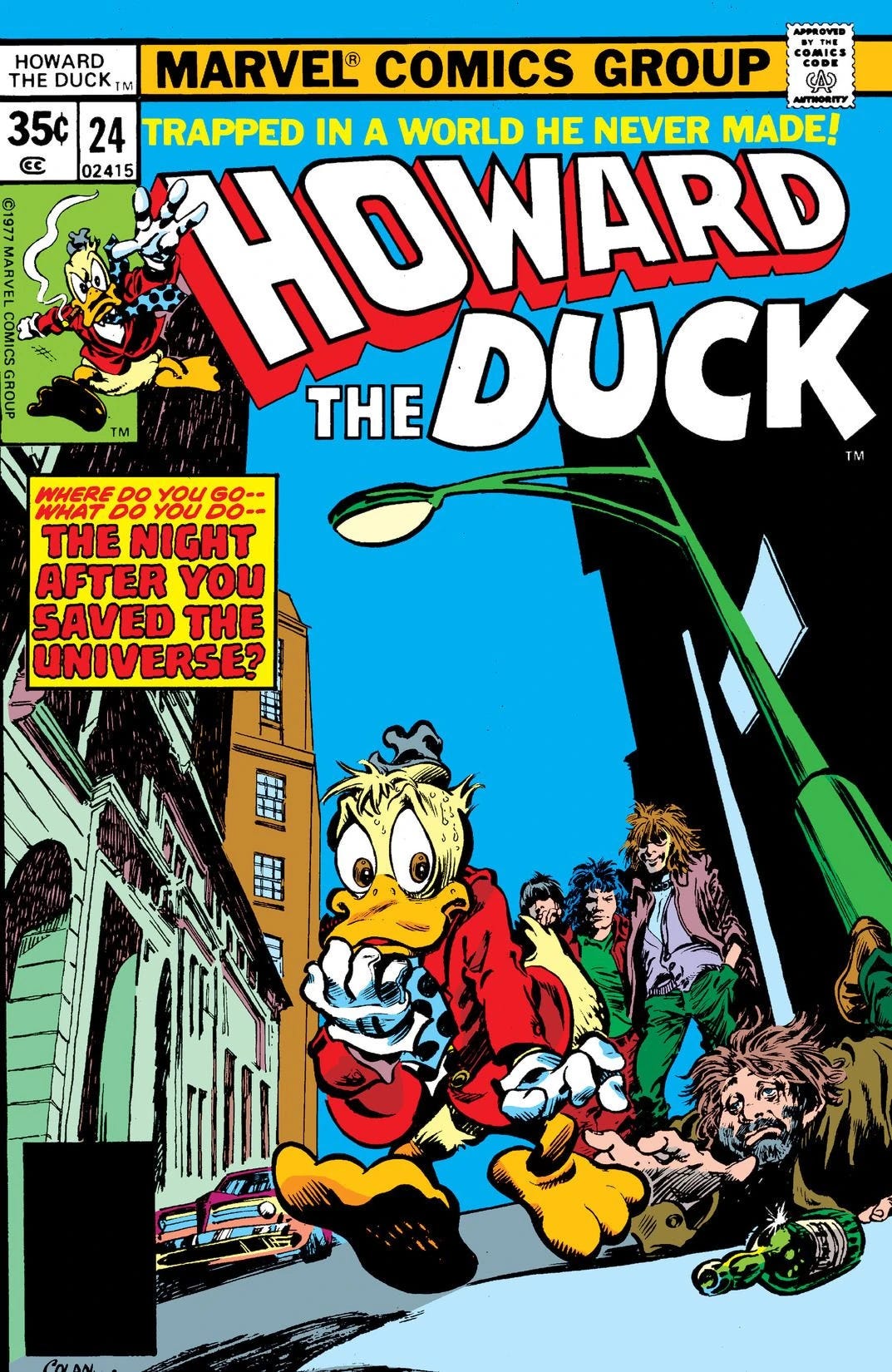 The cover to a Howard the Duck comic book, which asks "Where do you go and what do you do the night after you've saved the universe?"