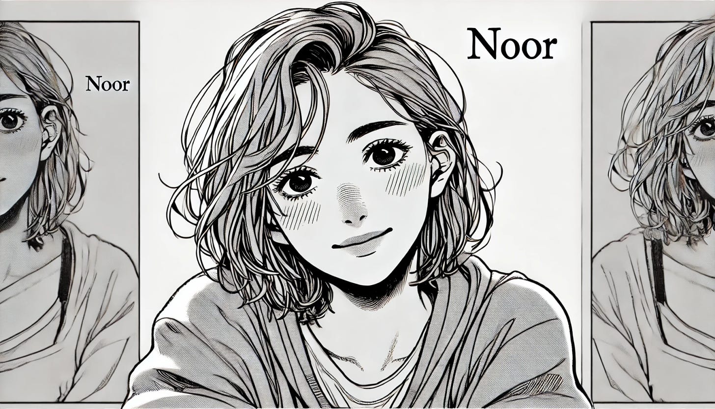 A manga-style illustration of a young woman named Noor looking directly at the camera. Noor appears tired, with slight bags under her eyes and a subtle weariness in her expression, but she is smiling warmly. Her hair is slightly tousled, and she wears casual, comfortable clothing. The background is simple and unobtrusive, allowing the focus to remain on her face. The illustration captures a mix of exhaustion and positivity, with manga-style lines and shading that emphasize her expression and the warmth in her smile.