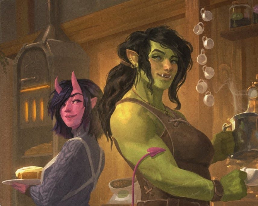 sweet illustration of a female orc and succubus