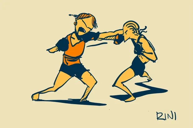 A sketch of two women fighting MMA.