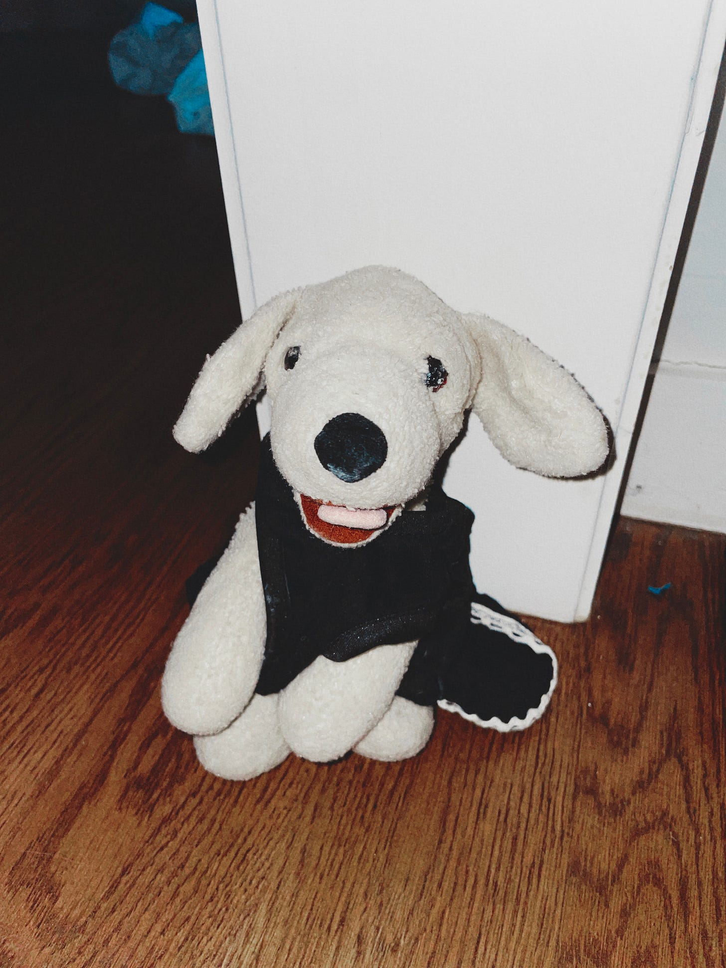 a white, short-haired stuffed dog wearing a black dress