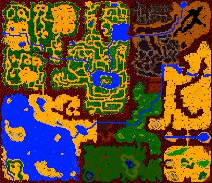 A composite screenshot of overworld map from the Sega Master System version of Golvellius. Forests, desert, a lake, swamp, it's got everything.