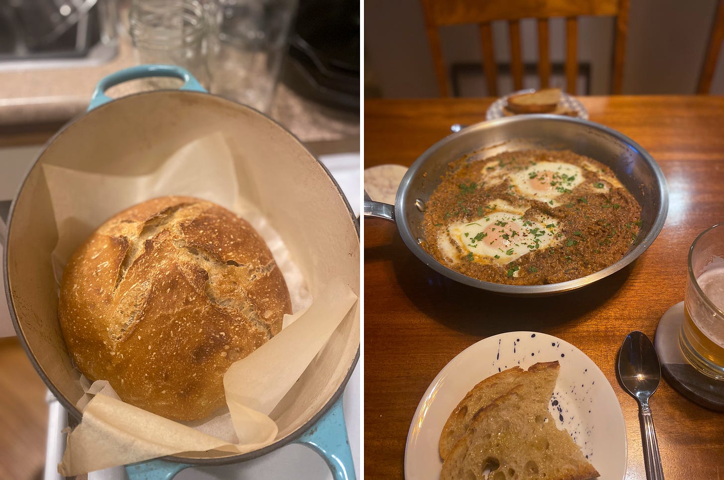 Left image: a sourdough boule with a cross scored into the top, surrounded by parchment in a light blue Le Creuset. Right image: slices of the bread on two side plates, and between them, a stainless steel pan of creamy-looking tomato sauce with two poached eggs in it. Parsley is dusted over the top.