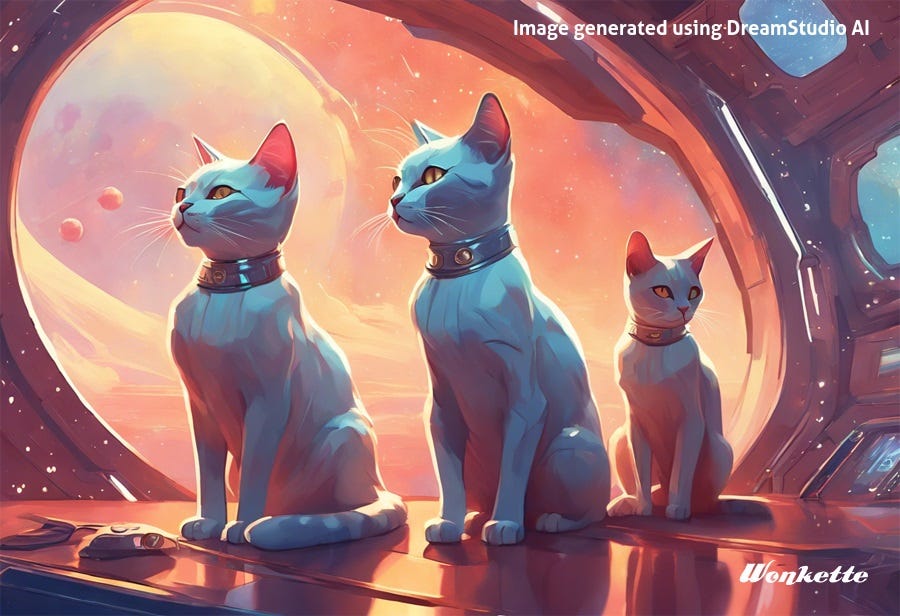 An AI-generated 'painting' of three cats sitting serenely on the polished metallic deck of a starship. Through a huge oval window can be seen the surface of an alien world with a large planet and two moons in its sky.