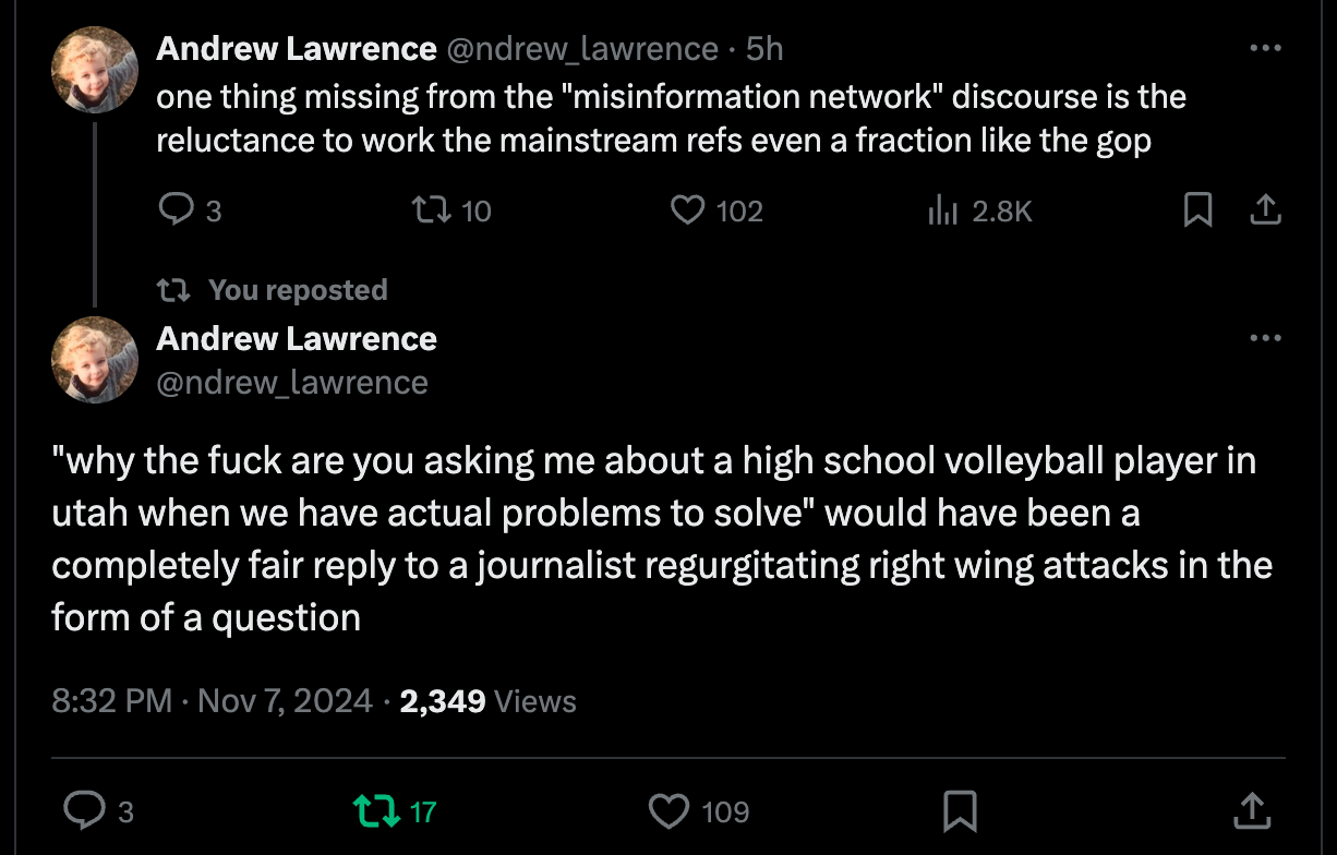 tweet: ""why the fuck are you asking me about a high school volleyball player in utah when we have actual problems to solve" would have been a completely fair reply to a journalist regurgitating right wing attacks in the form of a question"