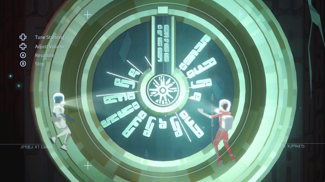 Two astronauts float in front of a massive dial