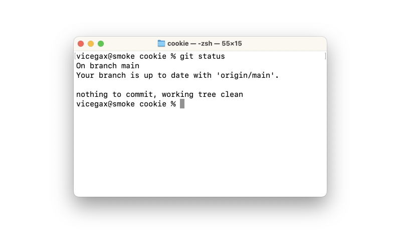 git status with the message: nothing to commit, working tree clean. On macOS Terminal