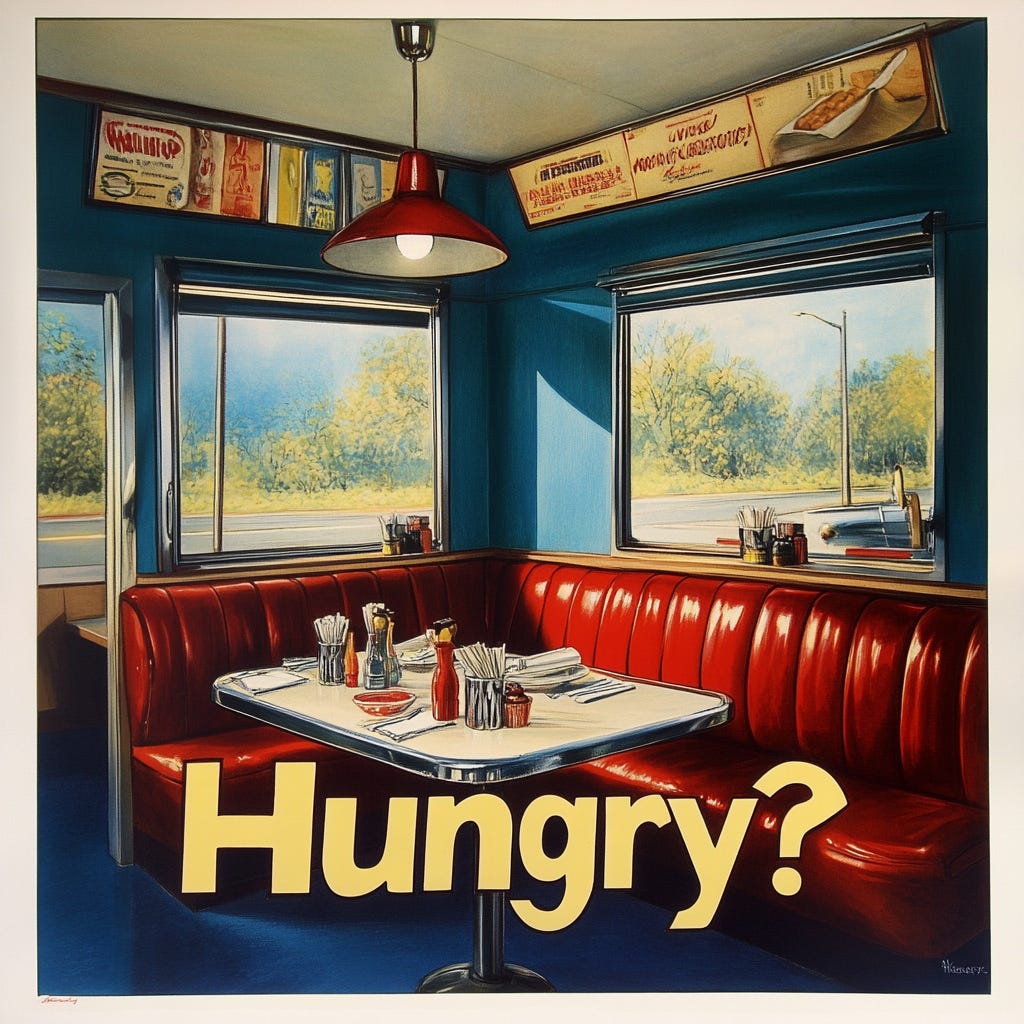 Vintage 1950s poster for a diner with the word "Hungry?" by Midjourney 6.1