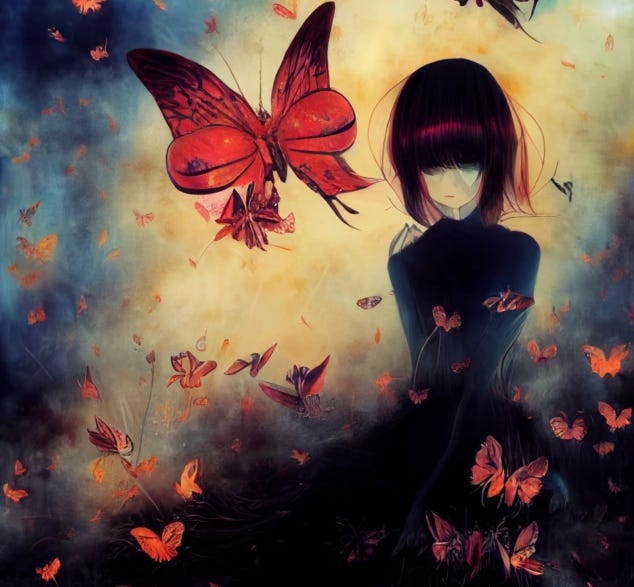 An illustration of a solemn woman in a black gown surrounded by orange butterflies. Credit: Mietze Engel