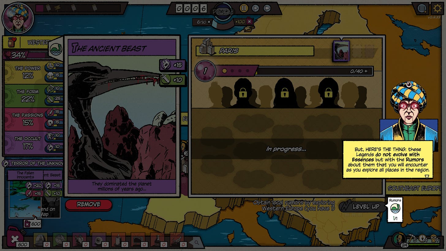 A screenshot of the game The Fabulous Fear Machine showing a Legend called The Ancient Beast, and the Machine explaining how Legends evolve with Rumors.