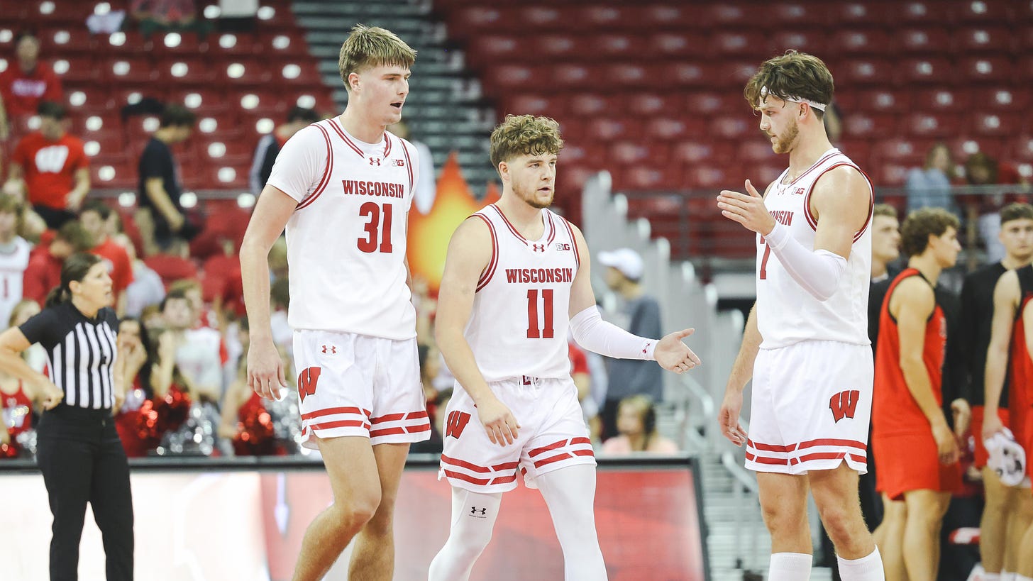 Nolan Winter, Max Klesmit, and Carter Gilmore in the Badgers exhibition win over UW-River Falls