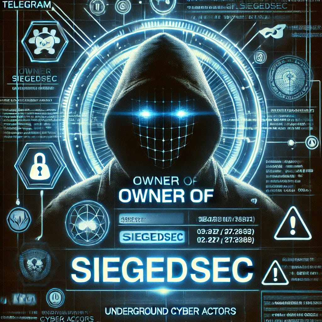 A striking visual of a hacker's profile displayed on Telegram, glowing text showing 'Owner of SiegedSec,' surrounded by a chaotic digital atmosphere of data streams, warning icons, and a threatening cybernetic tone. The background highlights the secrecy and power of underground cyber actors.