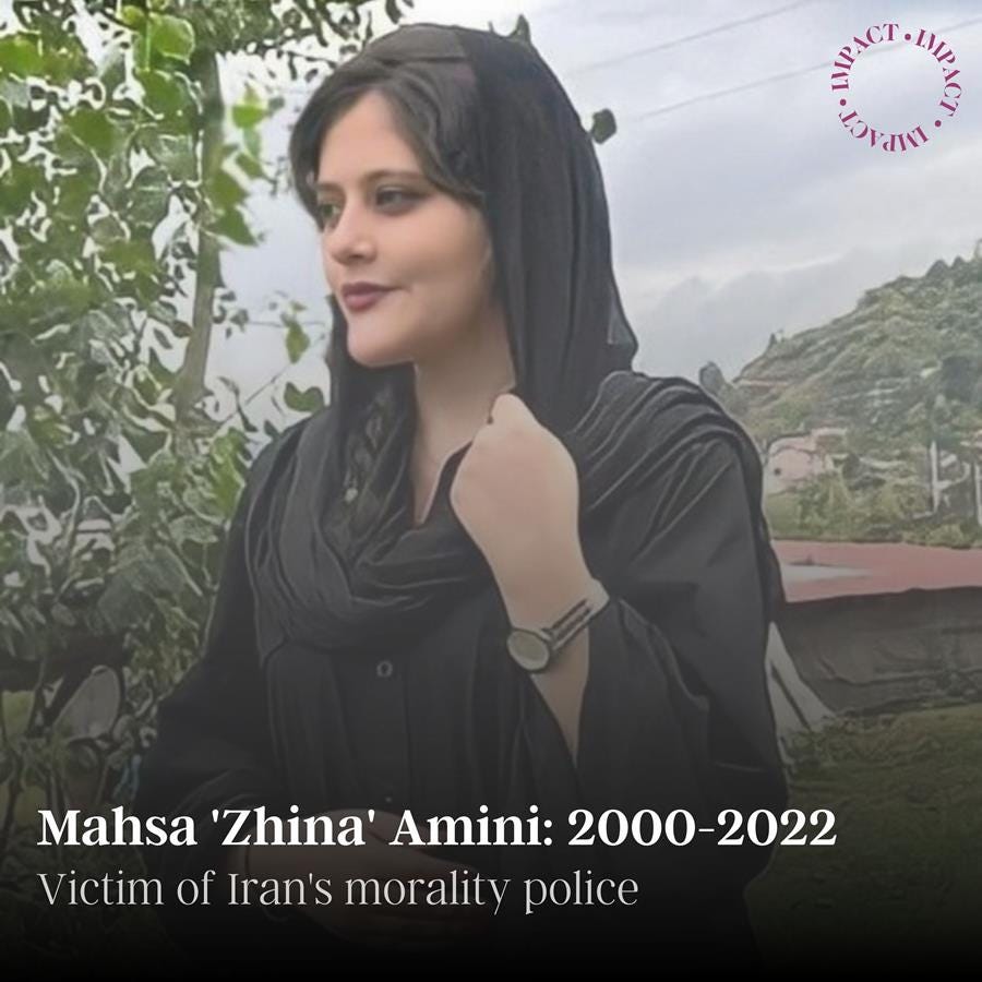 Photograph of Iranian woman Mahsa Amini with text over the image: Mahsa 'Zhina' Amini: 2000-2022, Victim of Iran's morality police