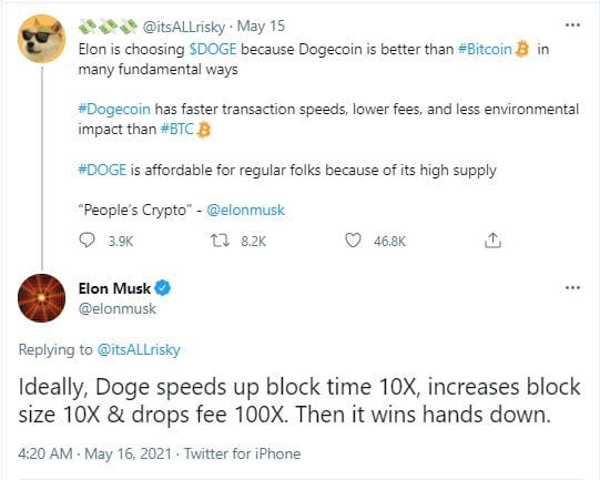 Elon Musk Approves of Potential Dogecoin Fee Reduction, Calls It Important  Improvement