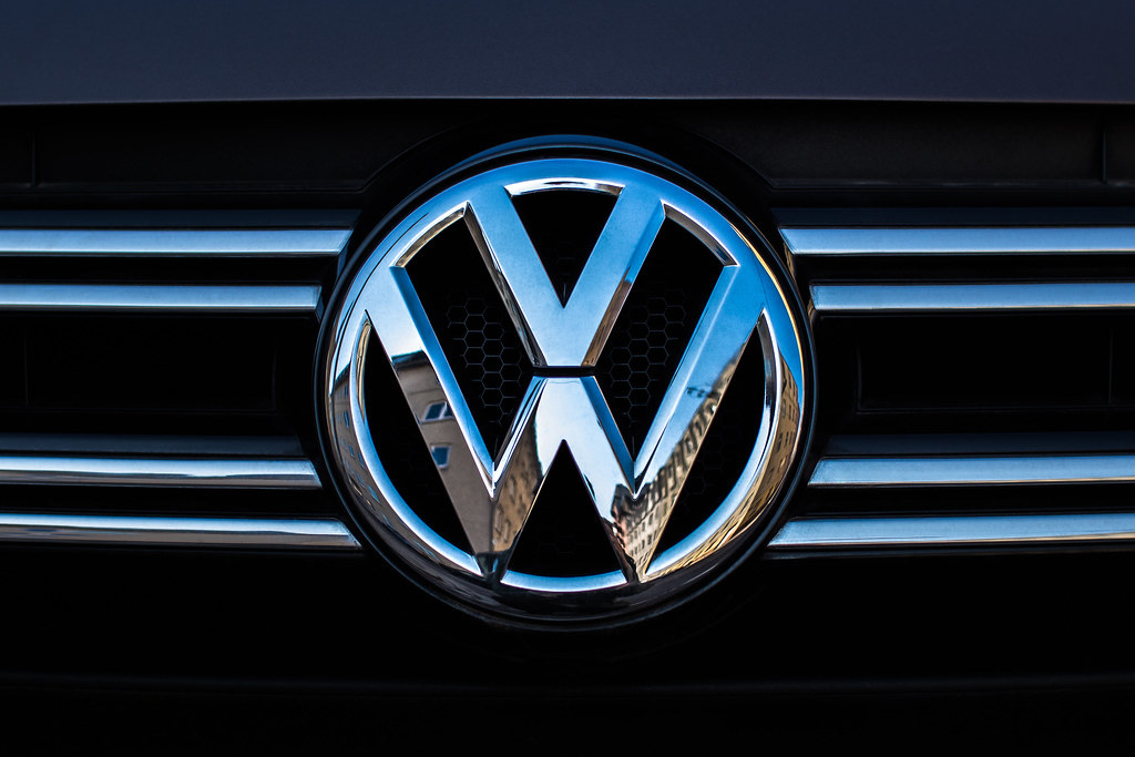 Close-up of VOLKSWAGEN trademark sign on a car