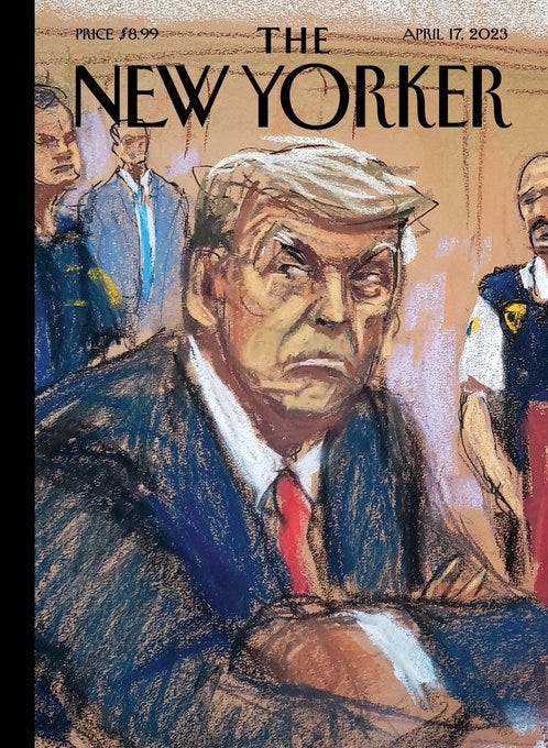 The April 17, 2023, cover of The New Yorker: “Courtroom Sketch, Manhattan Criminal Courthouse,” by Jane Rosenberg.