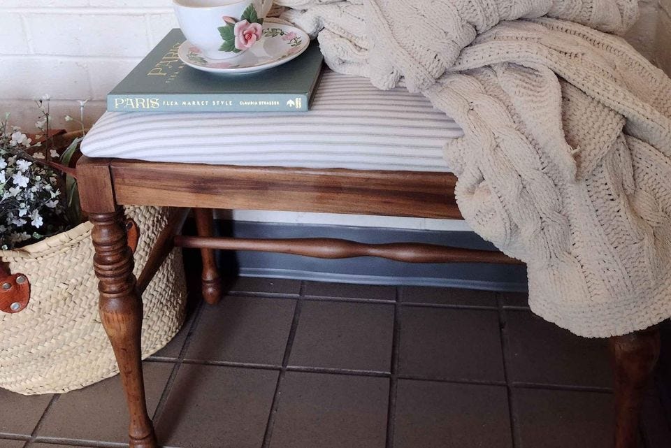 Product photo of Vintage Vanity Bench/ French Ticking Stripe Bench