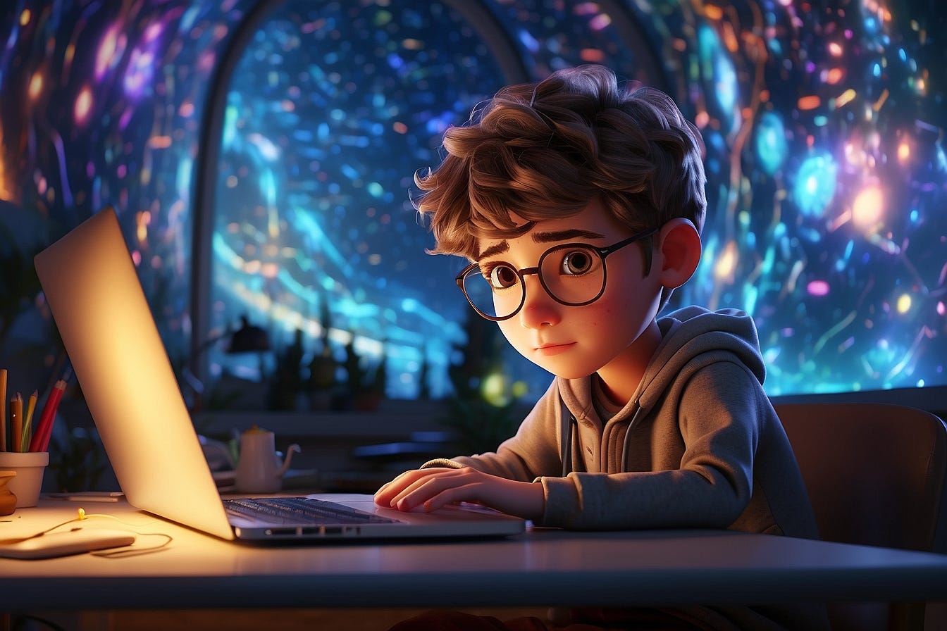 The boy's eyes light up as he works on his laptop, the curved screen behind him acting as a portal to a world of endless creativity and inspiration.