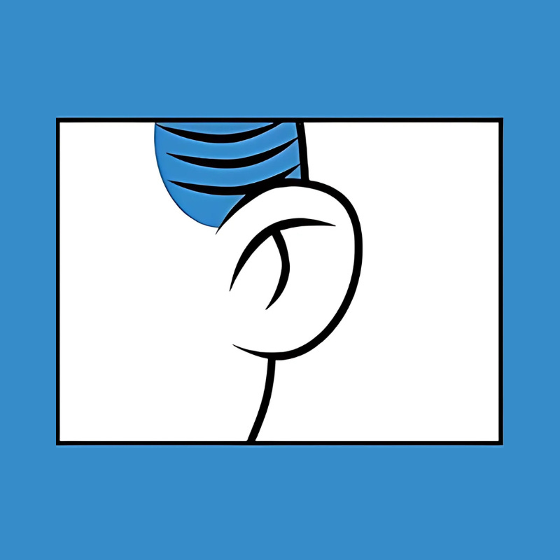 Minimalist drawing of an ear with blue sound waves above it, indicating listening or hearing. The background is white and bordered in blue. Minimalist drawing of an ear with blue sound waves above it, indicating listening or hearing. The background is white and bordered in blue.