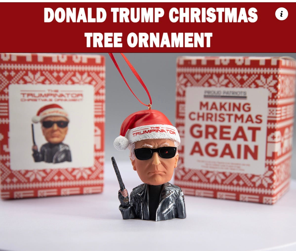 A Christmas ornament of Donald Trump with sunglasses and a black leather jacket, carrying a gun.