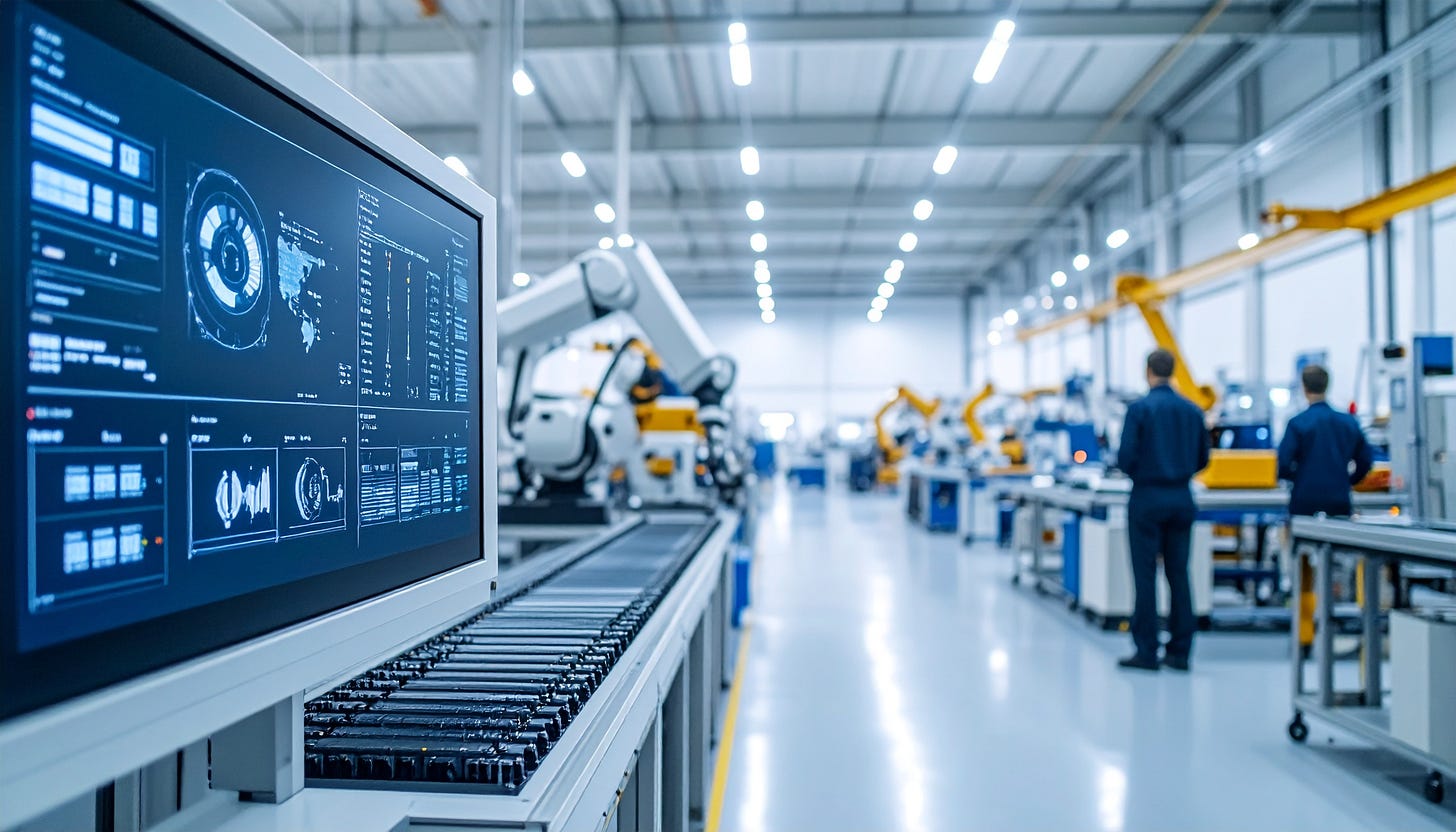 A bright, high-tech factory floor with automation and quality control, displayed on a screen in the foreground, with two engineers in the background