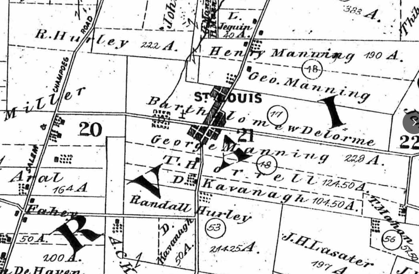 a close up of the black and white map showing several spots for R. Hurley and Randall Hurley