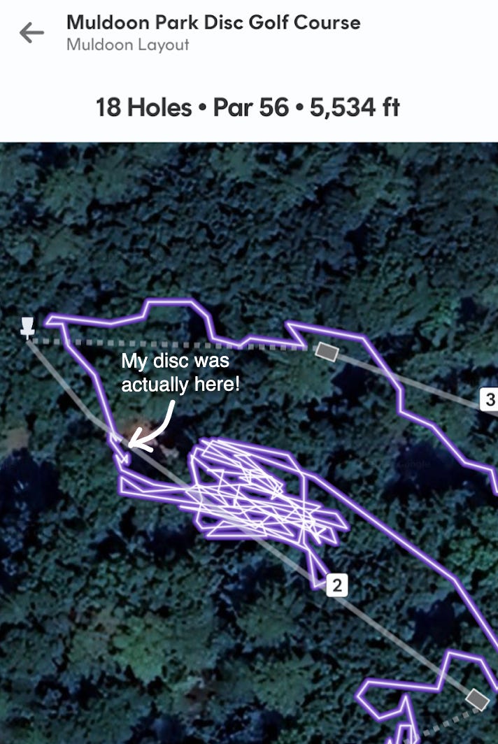 Satellite view of my disc search path on hole 2 at Muldoon Park.