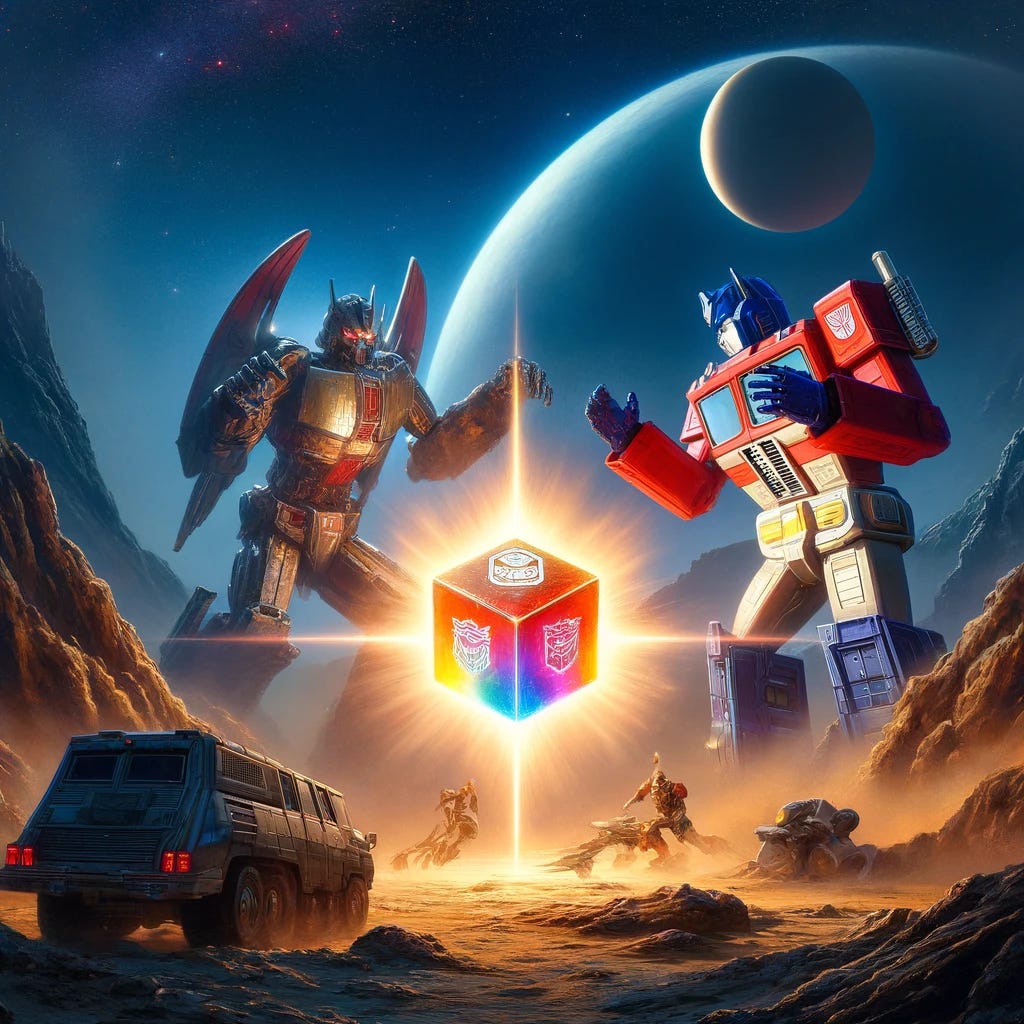 A scene on a distant planet featuring futuristic robot transformation vehicles engaged in a battle over a glowing cube of energon. The good robots are colored blue, while the evil robots are colored red. The background depicts a rugged, alien landscape with a distant star illuminating the scene, emphasizing the dramatic confrontation. The energon cube emits a bright, mysterious light, symbolizing a powerful energy source. This dynamic tableau captures the intensity and high stakes of the battle.