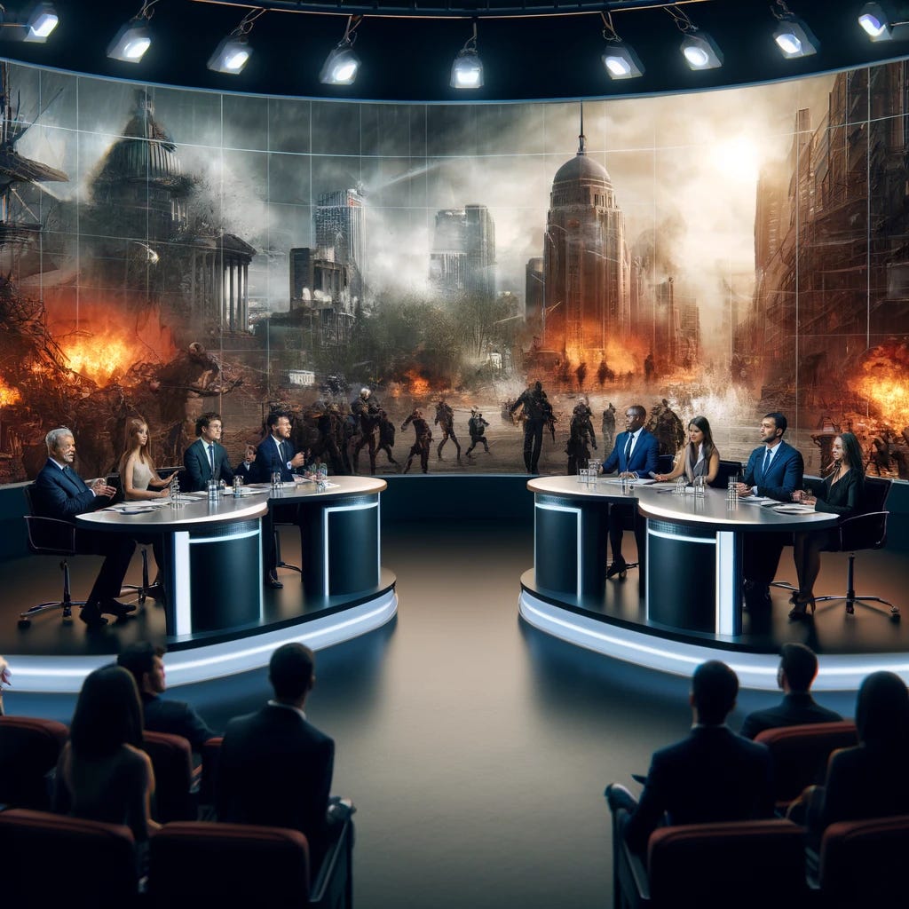 A high budget TV debate scene set in a dystopian environment. The setting is a modern, well-equipped TV studio with advanced technology and large screens showing chaotic scenes from the outside world, indicating a society in collapse. Several participants, a mix of men and women of diverse ethnicities, are engaged in a serious debate, wearing formal attire. The studio has a sense of urgency and tension, with outside views showing buildings on fire, riots, and deserted streets through large panoramic windows.