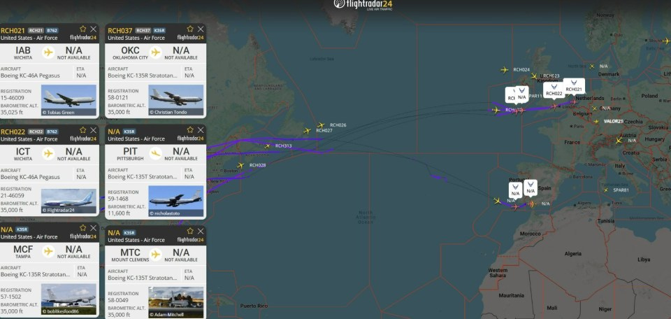 Map showing the flight paths of approximately 30 US Air Force aircraft flying from the US to Europe.
