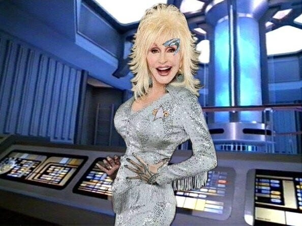 Dolly Parton in the Voyager warp core room with Seven of Nine's Borg implants