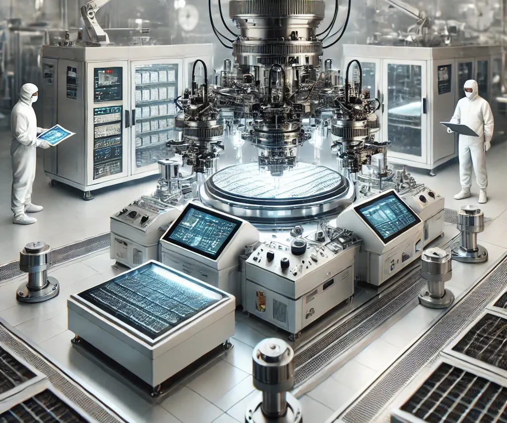 A highly detailed and realistic image of advanced semiconductor manufacturing equipment inside a cleanroom. The machinery includes a wafer fabrication machine, photolithography equipment, and robotic arms precisely handling silicon wafers. The scene is illuminated with bright white lights, highlighting the sterile and organized environment. Technicians in cleanroom suits and masks work alongside the machines. The equipment is sleek, modern, and equipped with various control panels and screens, reflecting cutting-edge technology.