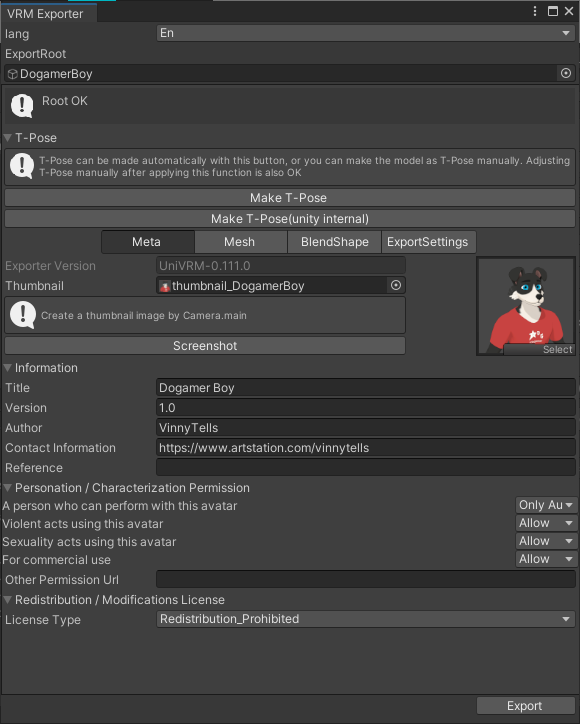 VRM Exporter, some model settings are previewed to be checked before exporting