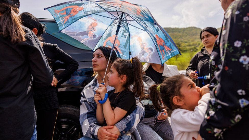Residents of Tavush protest, and block the Yerevan-Tbilisi interstate road between Kirants and Voskepar in Kirants, Armenia on Sunday, April 21, 2024