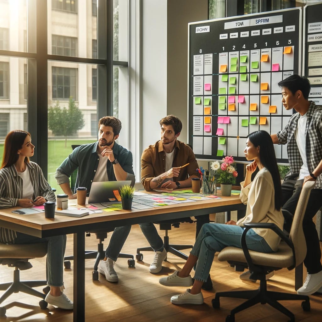 A photograph of a diverse development team in an office setting, sitting around a Kanban board planning a sprint. The team includes a Caucasian man, a Hispanic woman, and an Asian man, all dressed in casual office wear. They are focused on a large Kanban board filled with colorful sticky notes and task columns. The office has modern furnishings, with a large window providing natural light. The team members are actively discussing and pointing at the board, showing collaboration and teamwork in a tech environment.