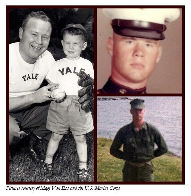 Collage of Mike Stewart, including (1) A picture as Yale Class Baby; he is holding a baseball and standing by his dad; (2) A headshot of Stewart in dress uniform; (3) A photo of Stewart in his combat utility uniform. Pictures courtesy of his sister and the US Marine Corps.