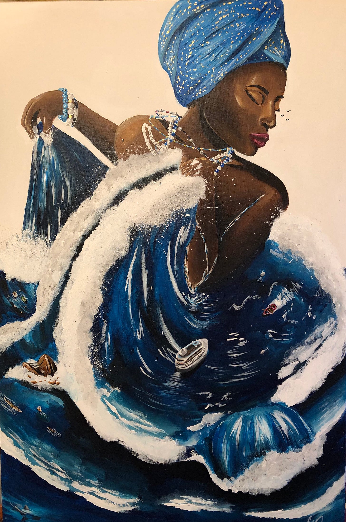 A painting by Jasmine Green titled "Yemaya," depicting a Black woman in a blue and white flowing gown, symbolizing serenity, introspection, and the process of healing.Art for Black Women and Girls A painting by Jasmine Green titled "Yemaya," depicting a Black woman in a blue and white flowing gown, symbolizing serenity, introspection, and the process of healing.Art for Black Women and Girls