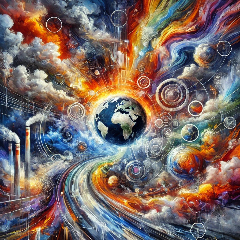 An expressive oil painting incorporating the theme of Color Revolutions. The image features a bold, vibrant color palette with deep blues, fiery oranges, metallic silvers, and splashes of bright colors like red, orange, green, and purple, symbolizing various geopolitical uprisings. Abstract energy networks and pipelines weave through the canvas, while stormy skies and chaotic splashes of color suggest political tension and revolution. Bright color streaks symbolize movements sweeping across regions, conveying power shifts. Swirling, dynamic strokes express the upheaval and instability associated with these movements.