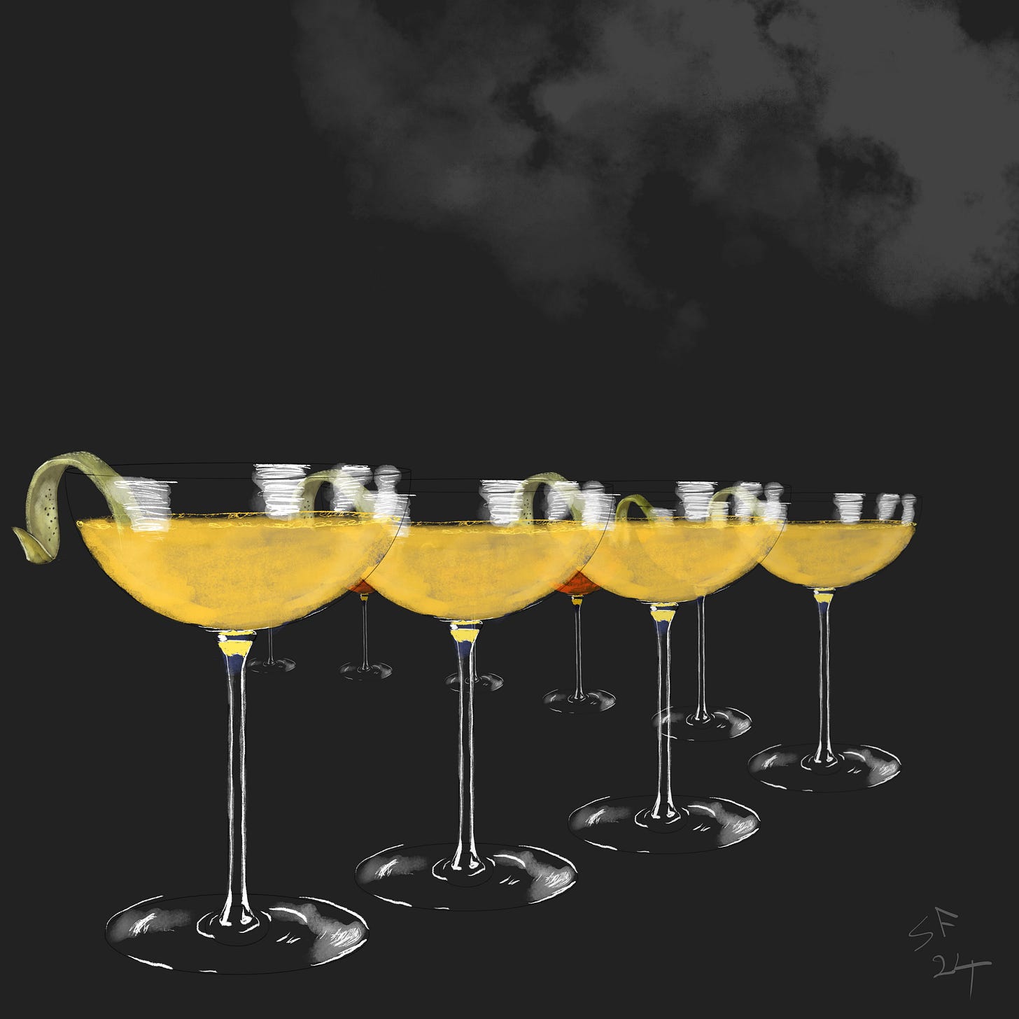 Pastel sketch on black ground: line of elegant cocktails in long-stemmed glasses curving into the distance, tobacco smoke in the air