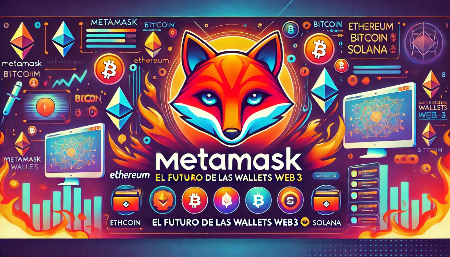 A vibrant, eye-catching banner highlighting MetaMask's Web3 wallet future. Include the MetaMask fox logo prominently, fiery accents, and clear, modern text saying 'MetaMask: el futuro de las wallets Web3 🔥🦊'. Depict intuitive icons illustrating user-friendly transactions, multi-chain connectivity (Ethereum, Bitcoin, Solana), and advanced security symbols (locks, shields). Use bold colors, sleek technology elements, and dynamic visual flow, emphasizing innovation, ease of use, and security. Banner style suitable for social media and tech-oriented audiences.