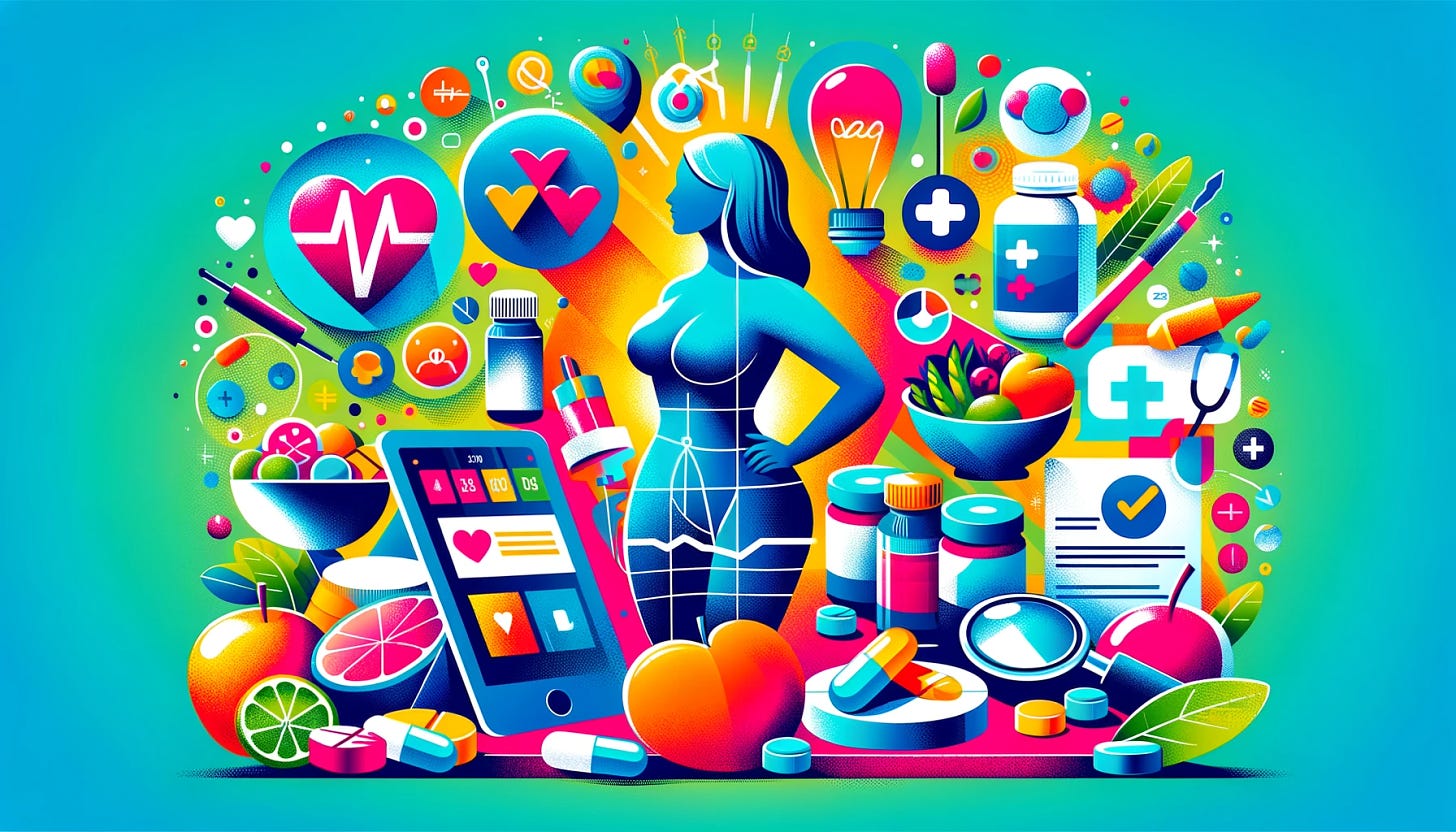 An illustration in a bright and contemporary style, visualizing a blog post about Semaglutide, a novel drug for weight management. The image should feature elements related to weight control and healthcare, such as a healthy body silhouette, nutritious meals, a digital health monitor, and medical symbols like tablets or a healthcare professional's tool. The color scheme should be vivid and dynamic, with striking and noticeable colors. The overall ambiance should evoke wellness, optimism, and the therapeutic benefits of Semaglutide for weight management.