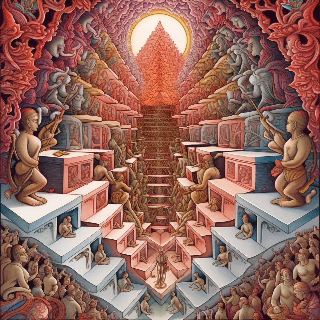 Hinduism in style of MS Escher, leading toward the enlightenment, midjourney
