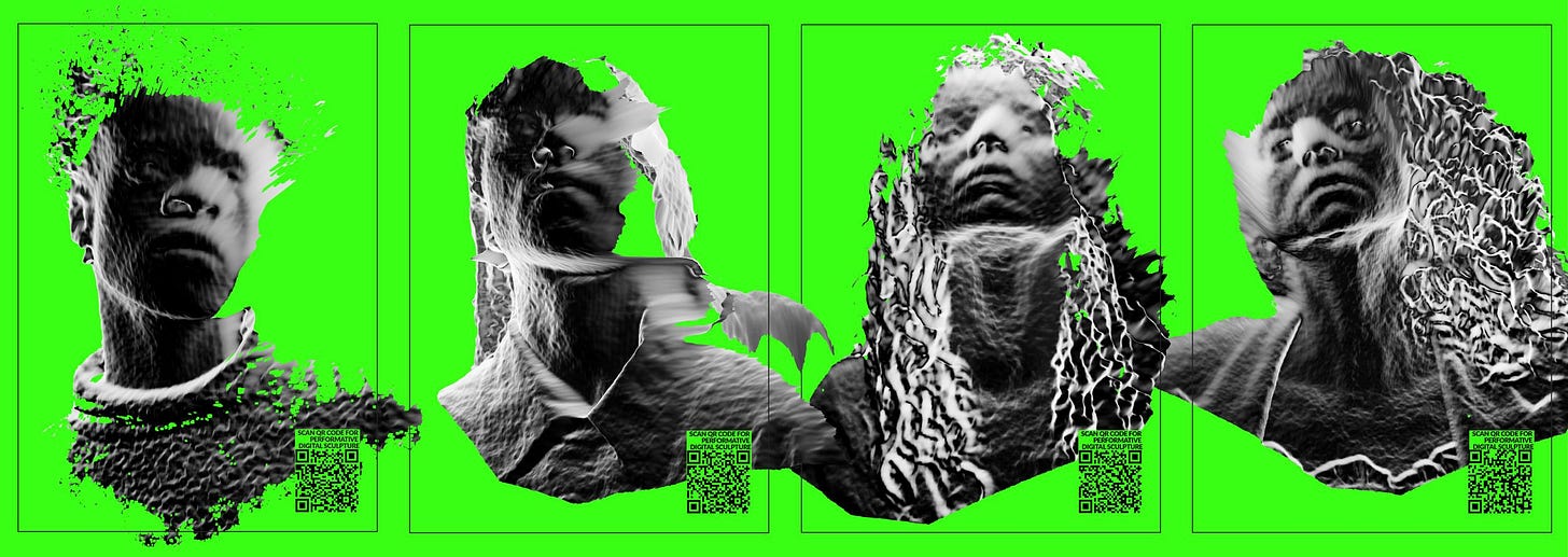 4 unnerving portraits of people we don’t know. Their images are partial and their colors inverted, like an x-ray with unusual detail. The scattered images are against a bright green background and each has it own QR code.