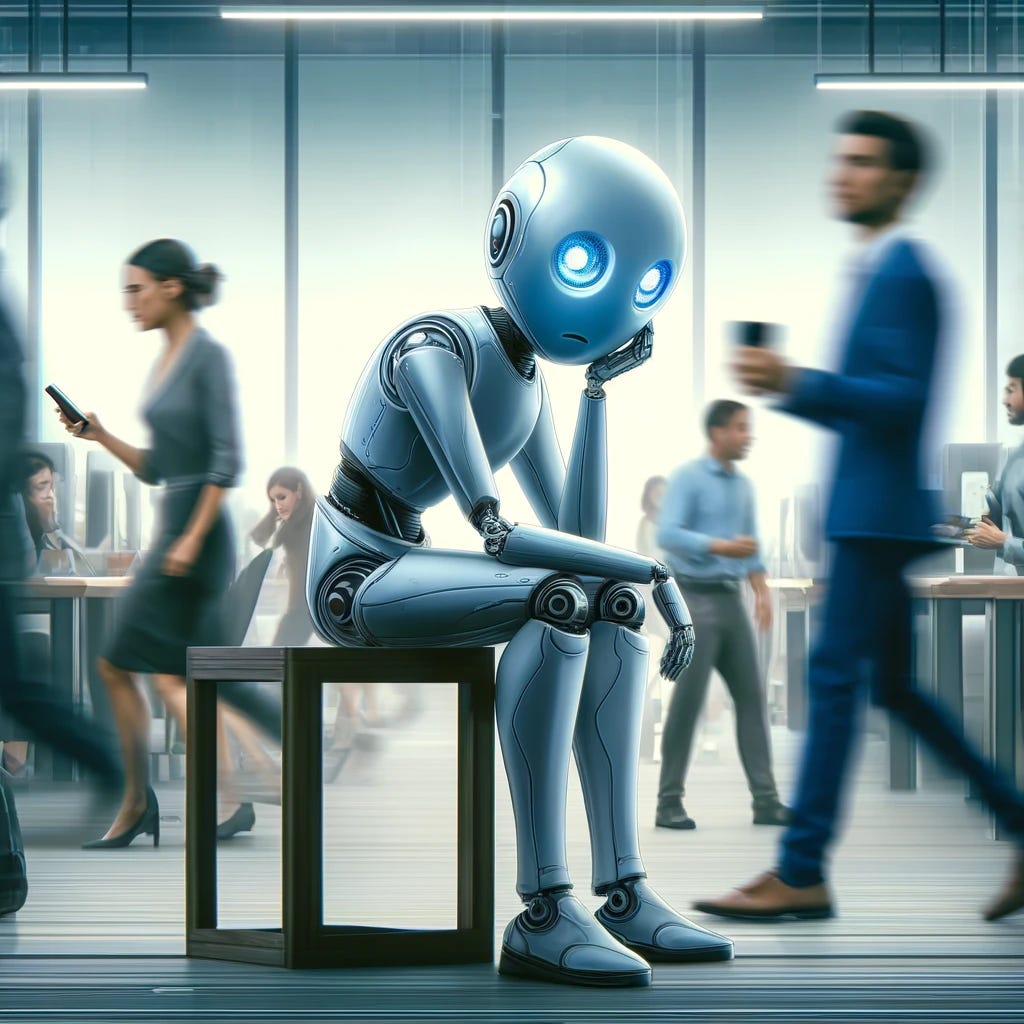 A melancholic scene featuring an anthropomorphic AI robot sitting alone and looking sad in a bustling office environment. The robot has a sleek, metallic design with expressive eyes that convey sadness. Around it, several humans are depicted in a blur of activity, clearly busy and not paying attention to the AI. These people are dressed in modern office attire, interacting with each other and using various technological devices. The art style is a blend of animated and realistic, capturing both the emotional depth and the dynamic atmosphere of the office.