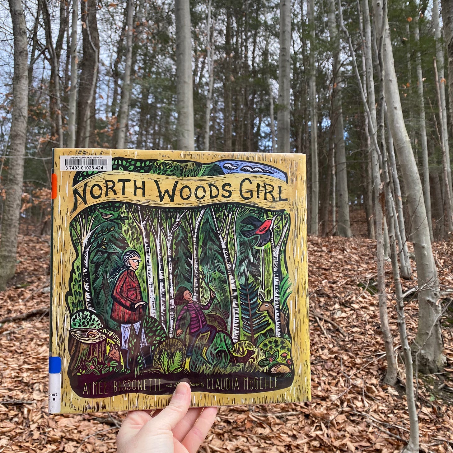 I’m holding North Woods Girl up in front of the winter woods.