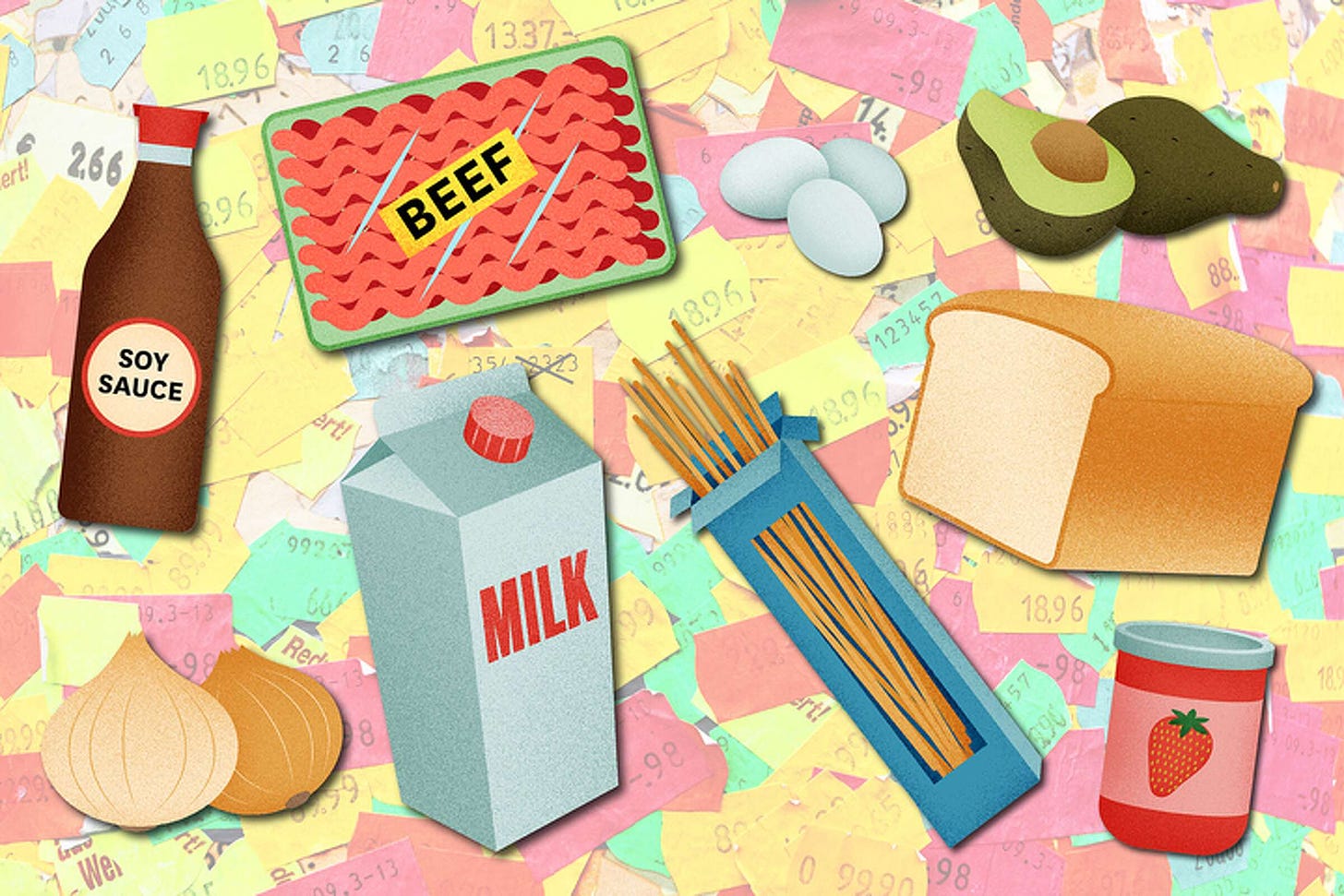 Illustrations of food items over background of price stickers