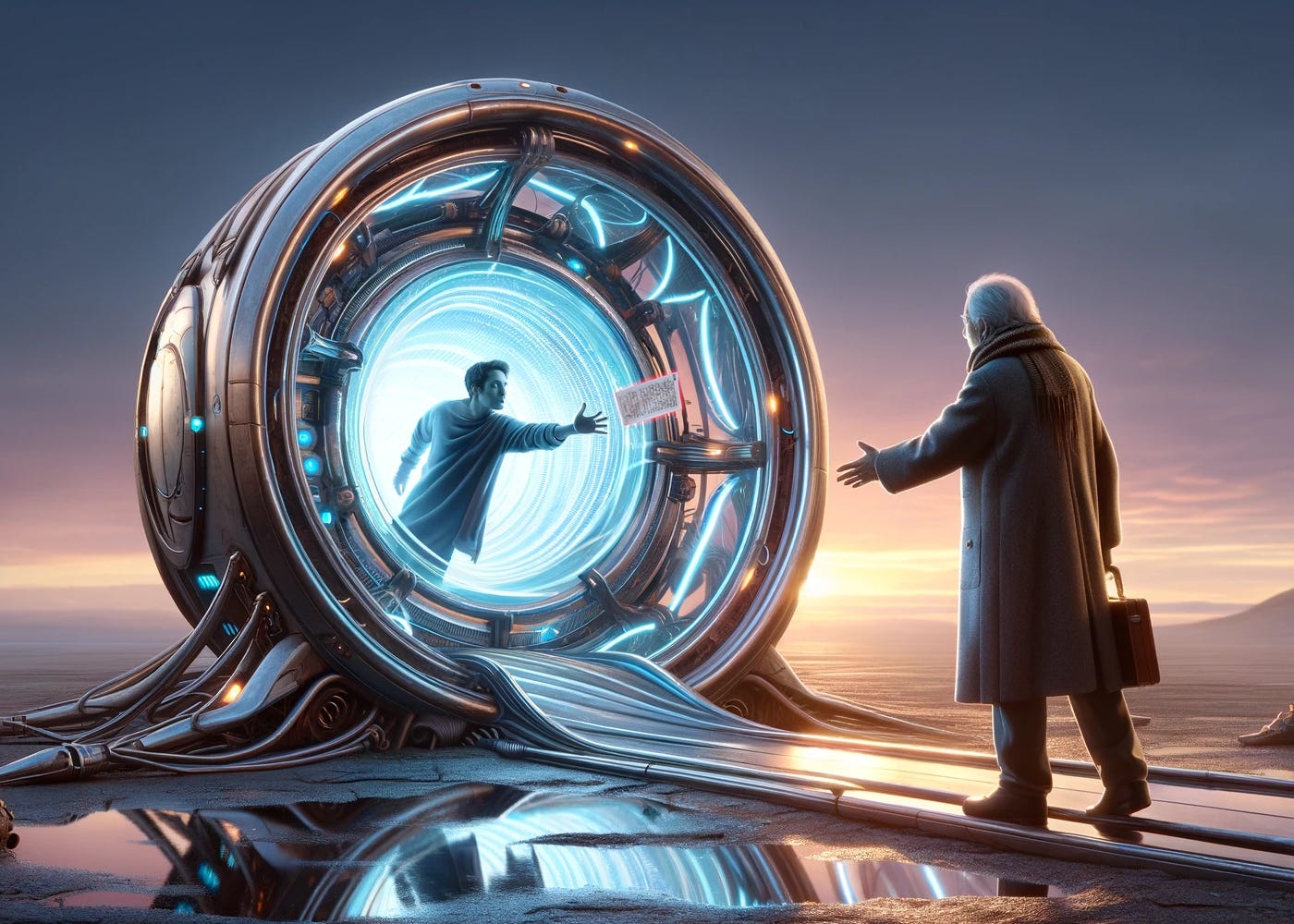 Digital artwork of a futuristic time travel portal with a man stepping through from the reflective surface to receive a note from an older version of himself standing outside, set against a dawn or dusk sky.