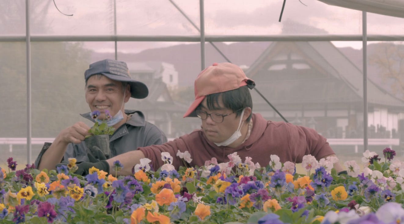 photo shows two men taking care of flowers at a welfare facility in Yamanashi Prefecture in the film "Fujiyama Cottonton."