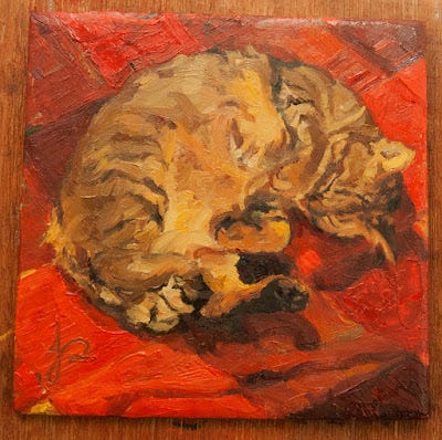 Watson' on the easel Cat impressionist oil painting on the easel by Jacqueline Gomez